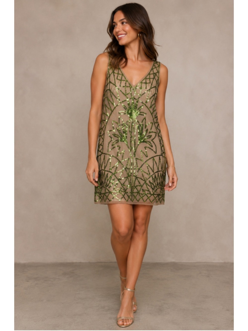 Chelsea & Violet Green Sequin Sheer Mesh Mini Dress Tan Art Deco Festival Small